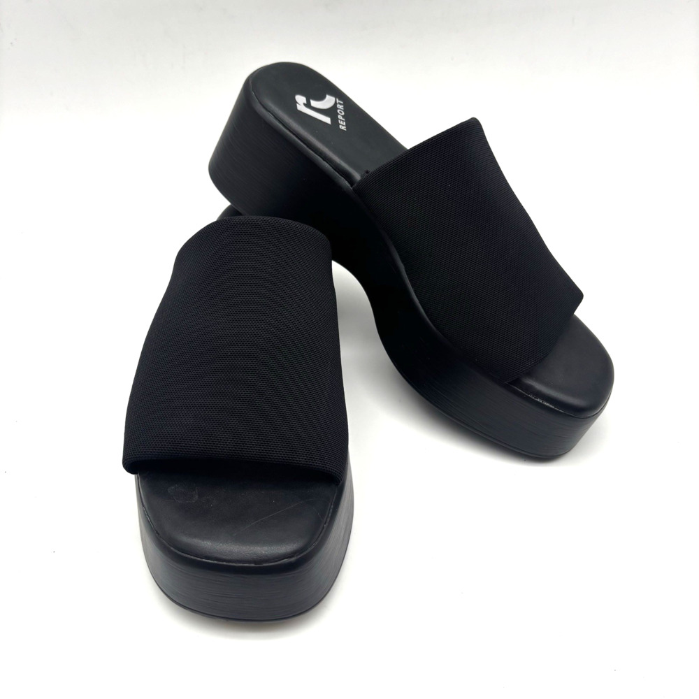 NEW Vintage Y2K Report PEARL Black Slinky Stretch Platform Slide Sandals 6.5M